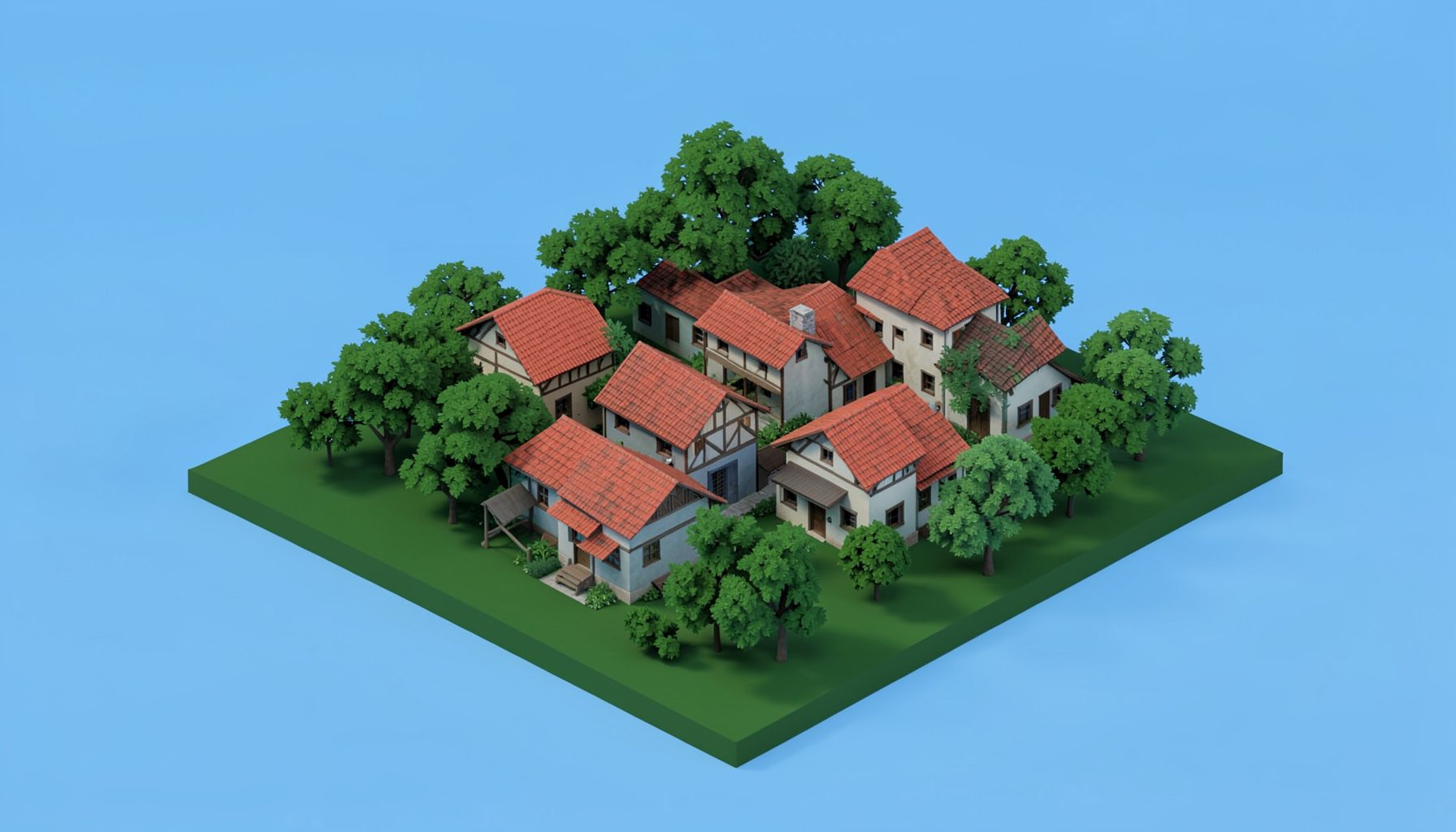 An isometric 3D render of a small cluster of buildings with red-tiled roofs nestled among green trees, under a clear blue sky.