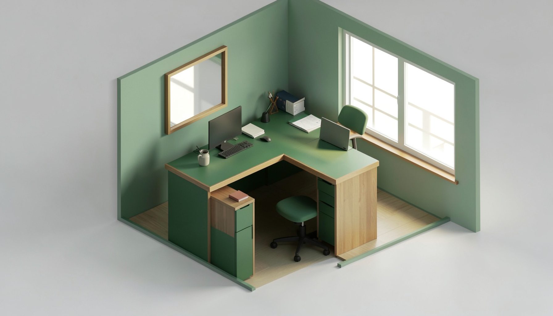 An isometric 3D render of a tidy information desk with soft sage-green walls, warm wooden accents, and gentle natural light