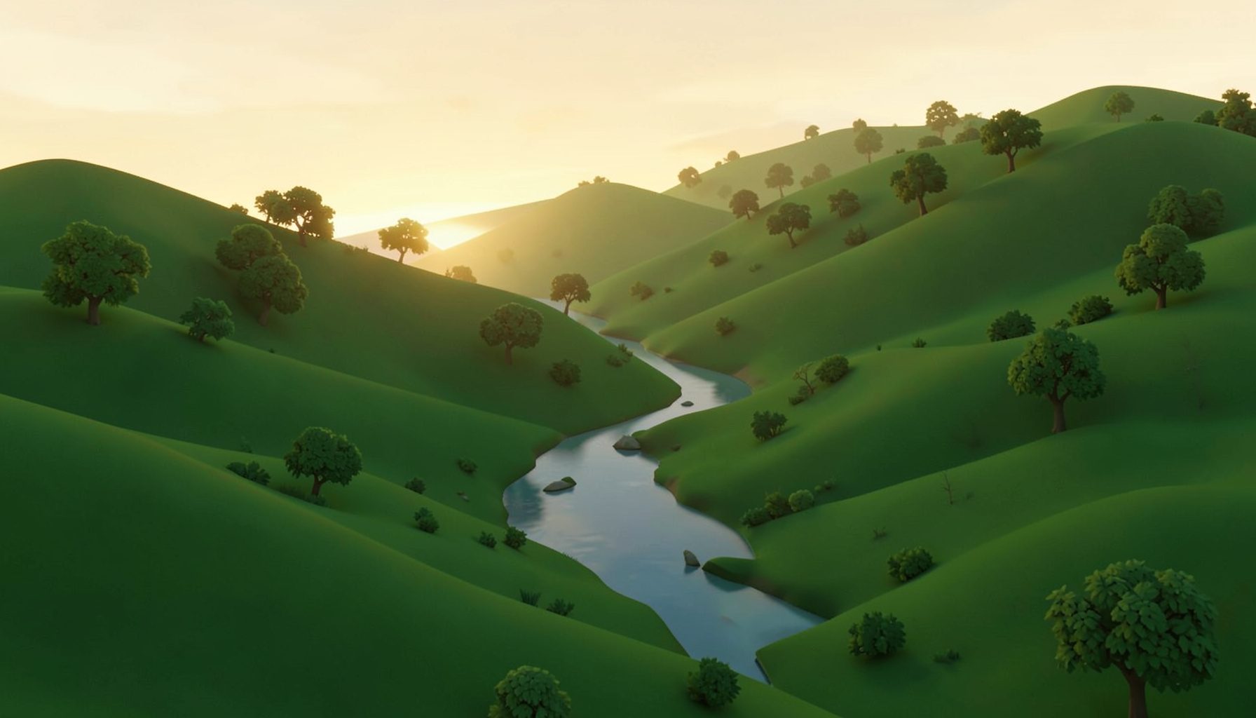 A warm, atmospheric isometric 3D render of rolling green hills and scattered trees under a soft golden sky, with a gentle academic feel